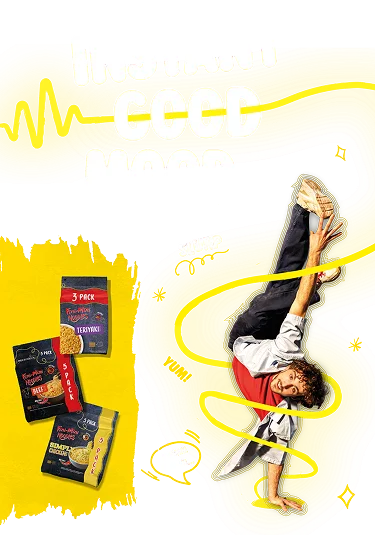 Instant good mood – breakdancer i Fini-Mini Noodles pakovanja